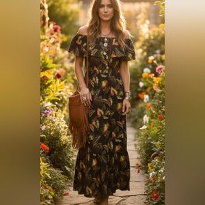 Vanessa Alexandra 100% Linen Off Shoulder Tropical Maxi Dress Size XS